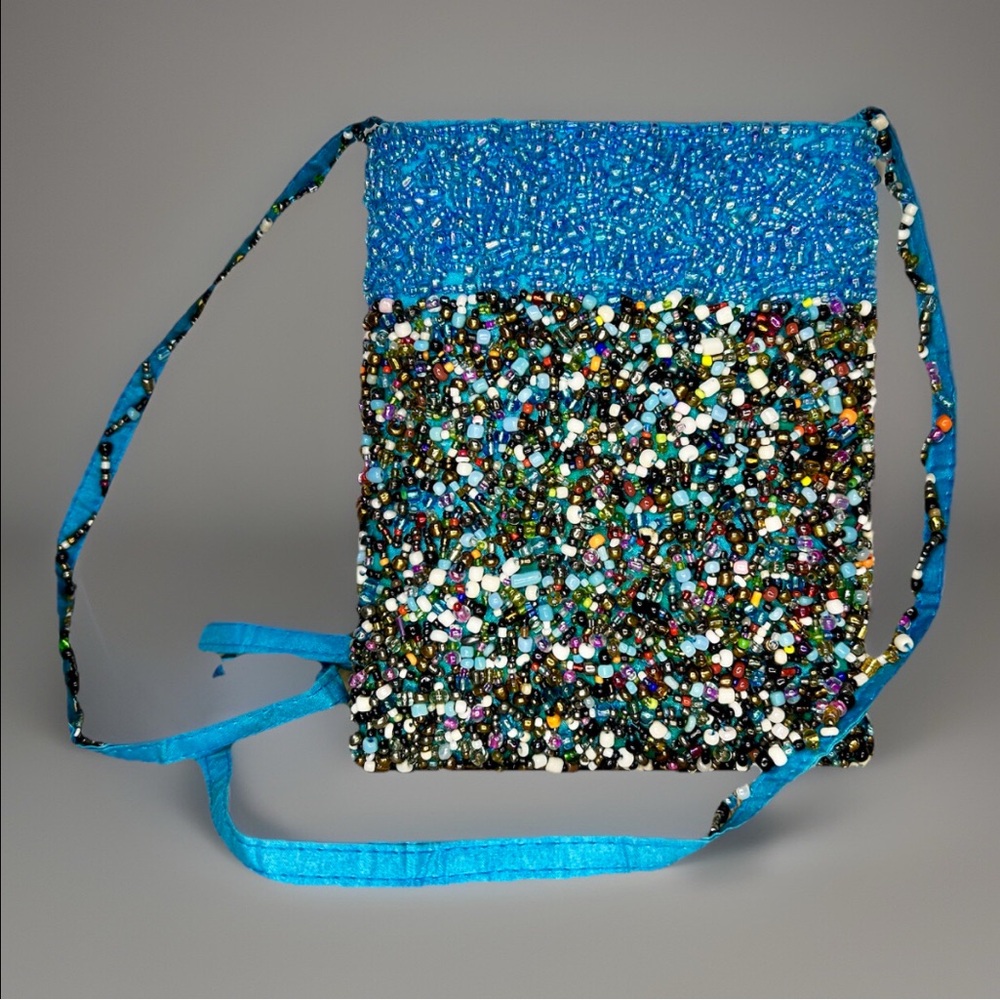 Handmade Indonesian Glass Beaded Multicolor Crossbody Small Blue Bag